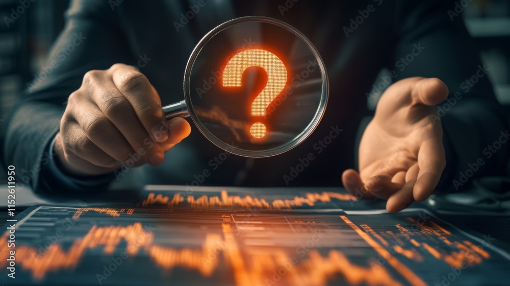 Leinwandbilder a person holds a magnifying glass displaying a question mark, examining data trends on a digital scr