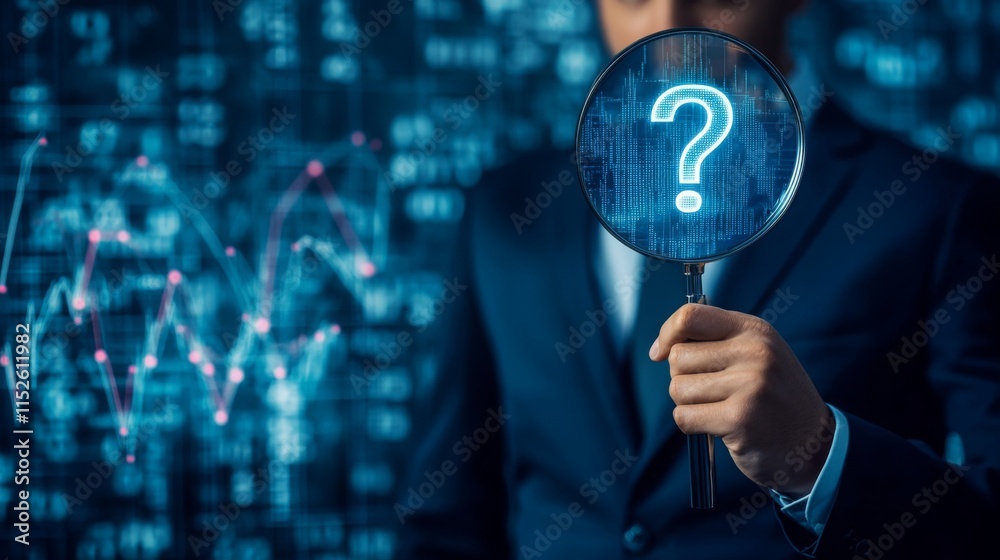 Aufkleber a businessman holds a magnifying glass with a question mark, symbolizing inquiry and analysis agains