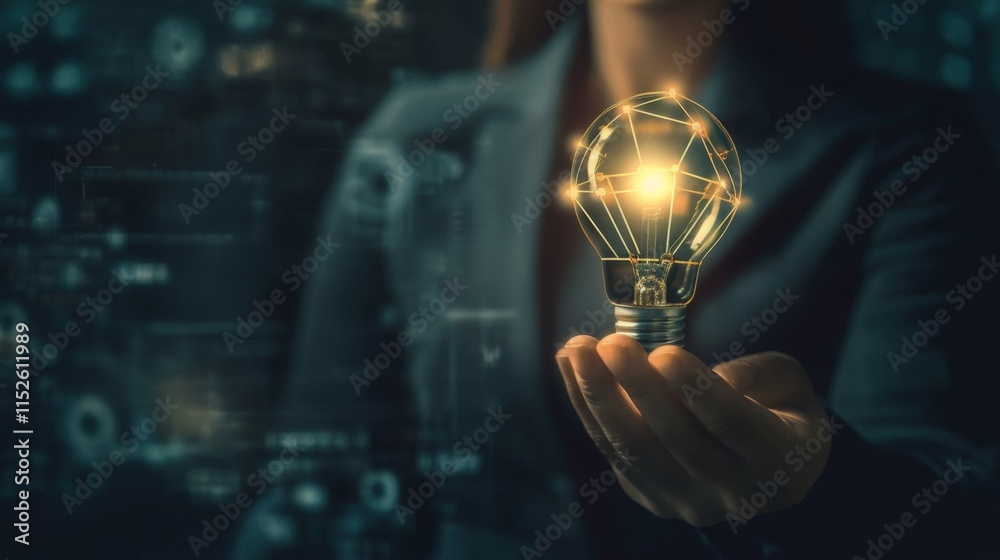 Poster a person holding a glowing light bulb symbolizing innovation and creativity, with digital elements i