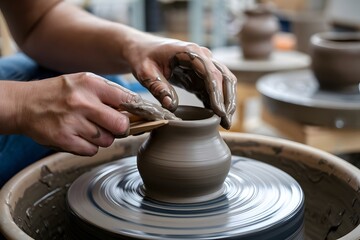 pottery making process by potter, close-up view of hands making pottery crafts.