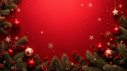 Festive Red Christmas Background with Traditional Holiday Decorations and Ornamental Elements