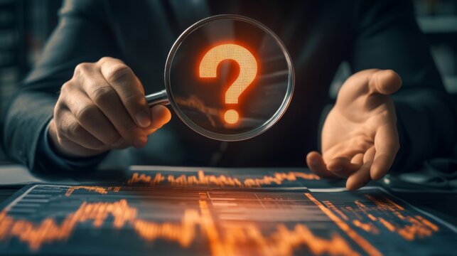 A person holds a magnifying glass displaying a question mark, examining data trends on a digital screen, symbolizing inquiry and analysis in finance or research.