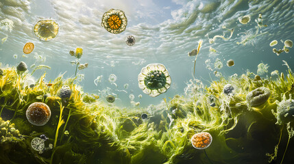 Microscopic view of diverse microbial activity in aquatic environments. Archaea. Illustration