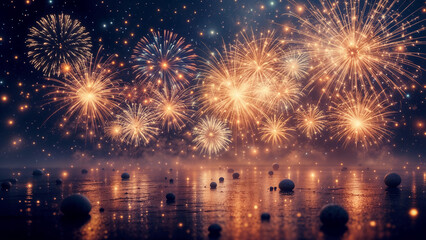 Spectacular New Year Fireworks Display Illuminating Dark Night Sky with Festive Celebration Colors