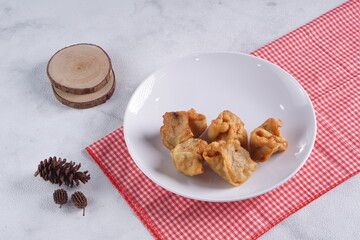 batagor,is a street food that is very popular in Indonesia.made from fish, tapioca and seasoning wrapped in dumplings then fried. photographed with studio light