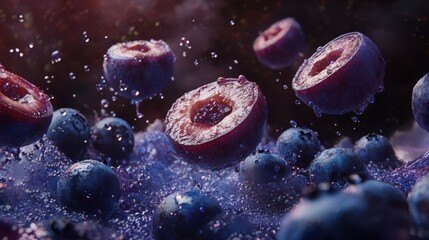 Naklejka premium Blueberries in motion splashing vibrant blue juice