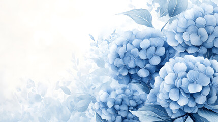 A watercolor painting depicts a lush arrangement of blue hydrangeas against a soft, white background.