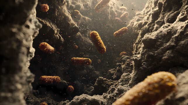 Soil microbiome. bacteria, microbes in soil. many micro-organisms in soil. microscopic life underground in earth. 3d render illustration. Archaea. Illustration