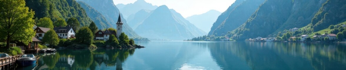 Obraz premium Glistening Lake Mondsee, traditional houses, stunning view , clear, unforgettable, lovely