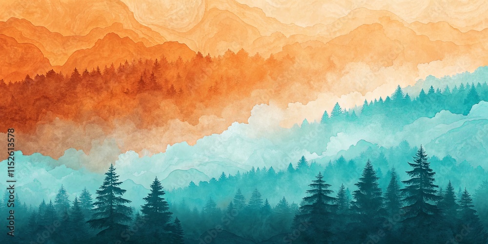 Poster a painting of a forest with trees in the foreground