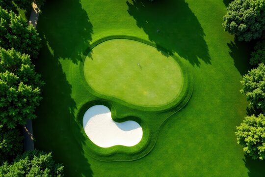 Bird's-eye perspective, meticulously manicured greens, bunkers, high angle, golf course, Augusta