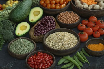 Diverse healthy food ingredients in bowls.