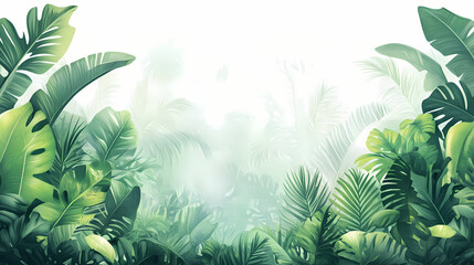 Lush green foliage of a tropical rainforest with morning mist. Archaea. Illustration