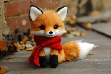 Adorable Handmade Fox Toy Wearing Red Scarf