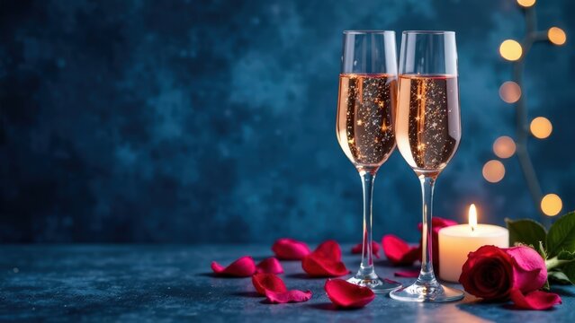 Two champagne glasses with bubbles, red rose petals, a lit candle, and warm bokeh lights on a deep blue textured background with copy space for text, concept of celebration, romance, luxury events