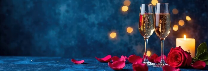 Two champagne glasses with bubbles, red rose petals, a lit candle, and warm bokeh lights on a deep blue textured background with copy space for text, concept of celebration, romance, luxury events