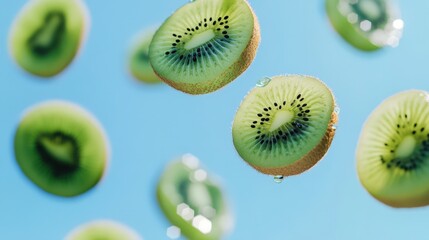 Fototapeta premium Slices of Kiwi Fruit Falling Against a Blue Sky