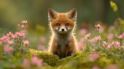 Naklejka premium A curious red fox stands among blooming flowers in a vibrant forest setting.