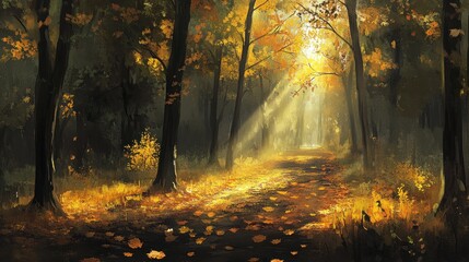 Naklejka premium Sunbeams illuminate a path through an autumnal forest, leaves scattered on the ground.