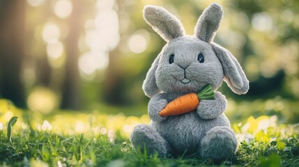 Grey Plush Bunny Holding Carrot In Grass