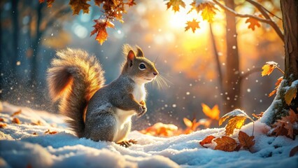 A fluffy-tailed squirrel basks in the warm glow of a winter sunset, surrounded by snow and the last vestiges of autumn leaves.