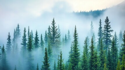 Misty mountain forest with tall evergreen trees.
