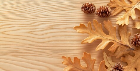Autumnal arrangement of dried oak leaves and pine cones on light wood.