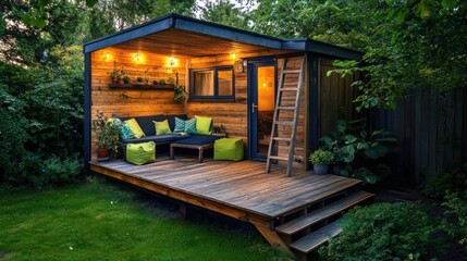 Modern garden studio with wooden deck, lighting, and seating.
