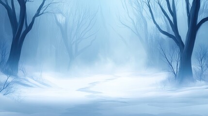 Obraz premium Mystical winter forest scene with snow-covered path and fog.