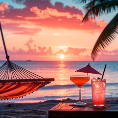 Cocktails on a Table Overlooking the Ocean Sunset