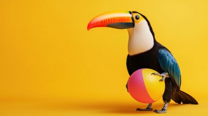 Naklejka premium Colorful toucan holding a beach ball against a yellow background.