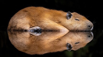 A capybara sleeps peacefully on calm water, its reflection mirroring its serene posture.
