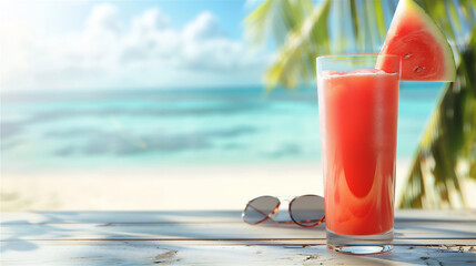 Obraz premium Watermelon juice in tropical beach, holiday time illustration version 3