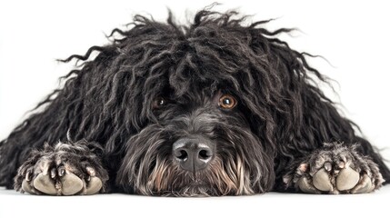 Fluffy black dog with long, curly hair resting its paws on a white surface, looking directly at the camera.
