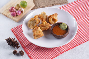 batagor,is a street food that is very popular in Indonesia.made from fish, tapioca and seasoning wrapped in dumplings then fried. Served with spicy peanut sauce. photographed with studio light