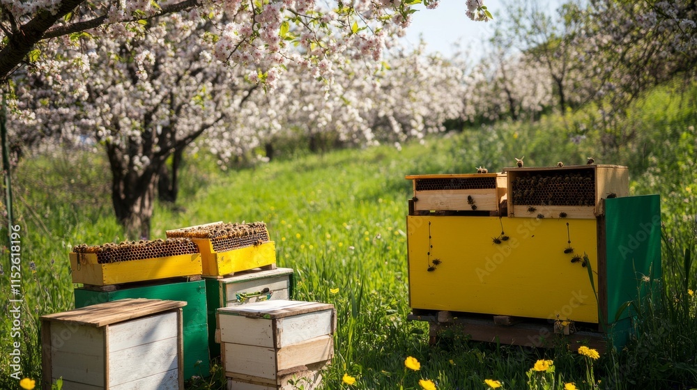Poster a comprehensive bee keeping setup in a blooming orchard, beekeeping suits and hives neatly placed, m