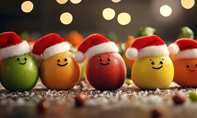 Cheerful citrus fruits wearing Santa hats for Christmas. - Powered by Adobe