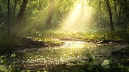 Sunbeams illuminate a tranquil forest scene with a small stream and lush greenery.