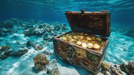 An open treasure chest at the bottom of the sea, filled with gold coins and marine adventure, allure of pirate legends and the discovery of ancient wealth in an underwater world.