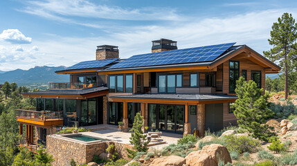 Fototapeta premium A modern house home equipped with solar panels on the roof showcases the future of alternative renewable energy, eco friendly technology in residential buildings for clean electricity power.