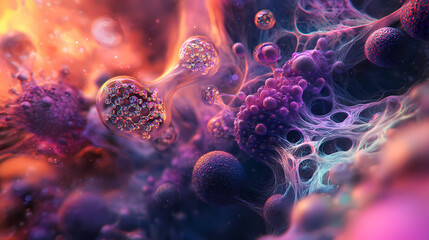 Close-up view of a microbial structure, showcasing vibrant colors and intricate details in a cellular environment. Archaea. Illustration