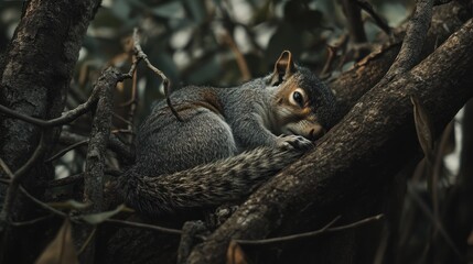 Obraz premium A gray squirrel sleeps soundly nestled amongst the dark, gnarled branches of a tree.