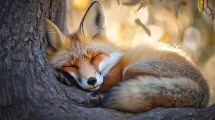 Fototapeta premium Red fox sleeping peacefully curled up against a tree trunk in sunlight.