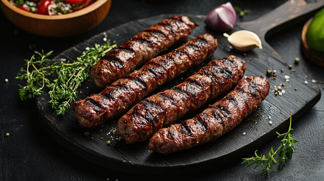 Closeup of balkan cevapi meat food meal. grilled serbian beef on barbecue, traditional roasted cevapcici kebab dish, delicious bosnian or croatian bbq lunch or dinner, oriental, fresh.