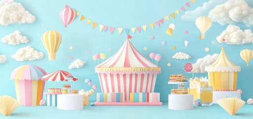 Whimsical pastel carnival scene with hot air balloons, tents, and treats.