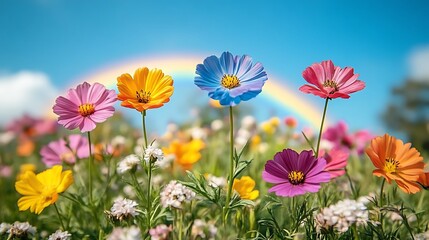 Obraz premium Vibrant Cosmos Flowers Bloom Under Rainbow Sky