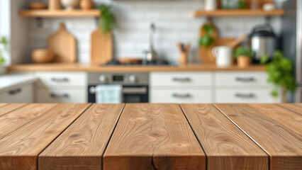 empty wooden table with blurry kitchen. Product display background for products, houseware, kitchenware, food and beverages, spices, instant food, cooking show and others.