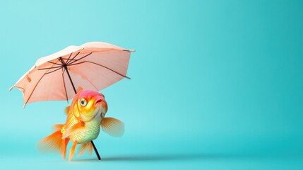 Goldfish holding a pink umbrella on a light blue background.