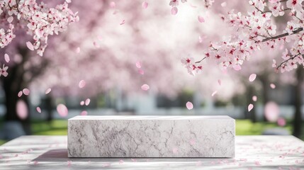 Marble podium with falling cherry blossoms.