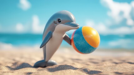 Obraz premium Adorable Dolphin Plays with Beach Ball on Sandy Shore